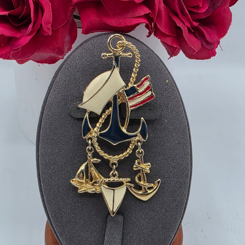 Gold Tone Nautical Anchor Sailboat American Flag Dangle Charm Brooch Pin Cruise